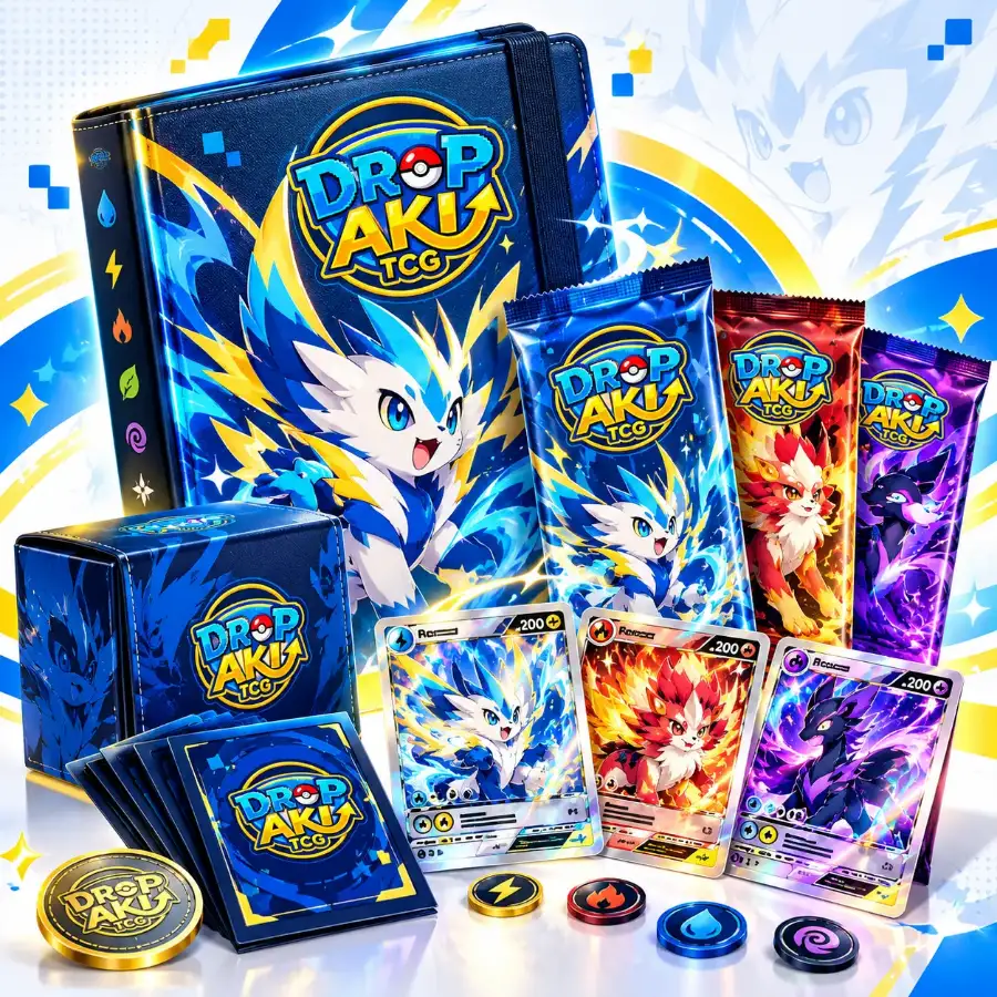 Fichário, deck box, boosters, cartas e moedas com a marca Drop Aki TCG